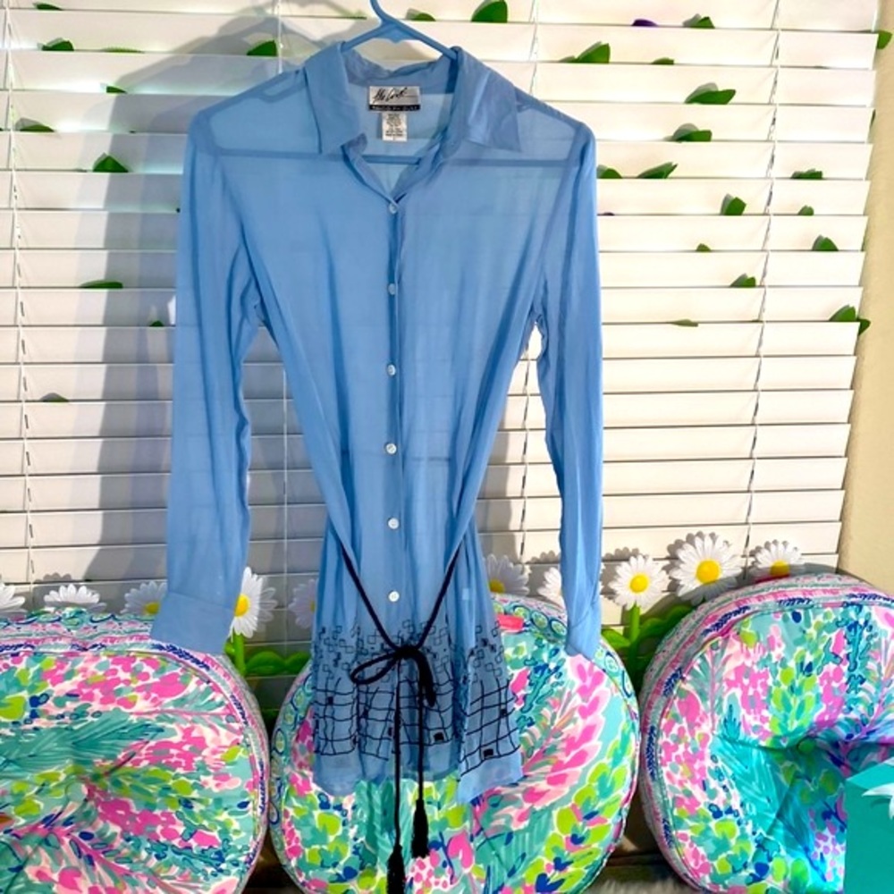 Randolph Duke The Look blue silk tunic style top with navy embroidery